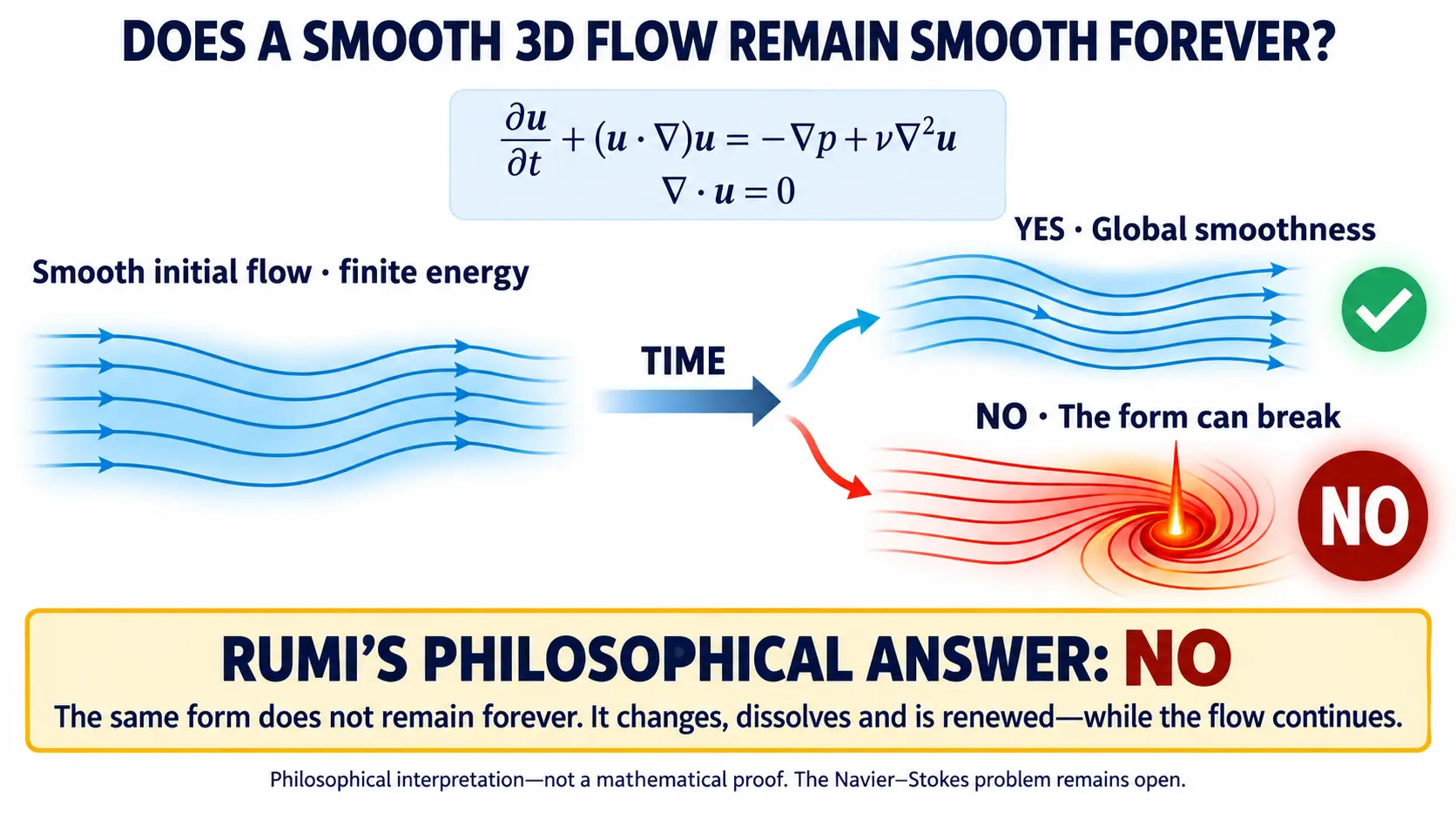 English Navier–Stokes infographic showing Rumi’s philosophical answer as no: the same form changes while the flow continues