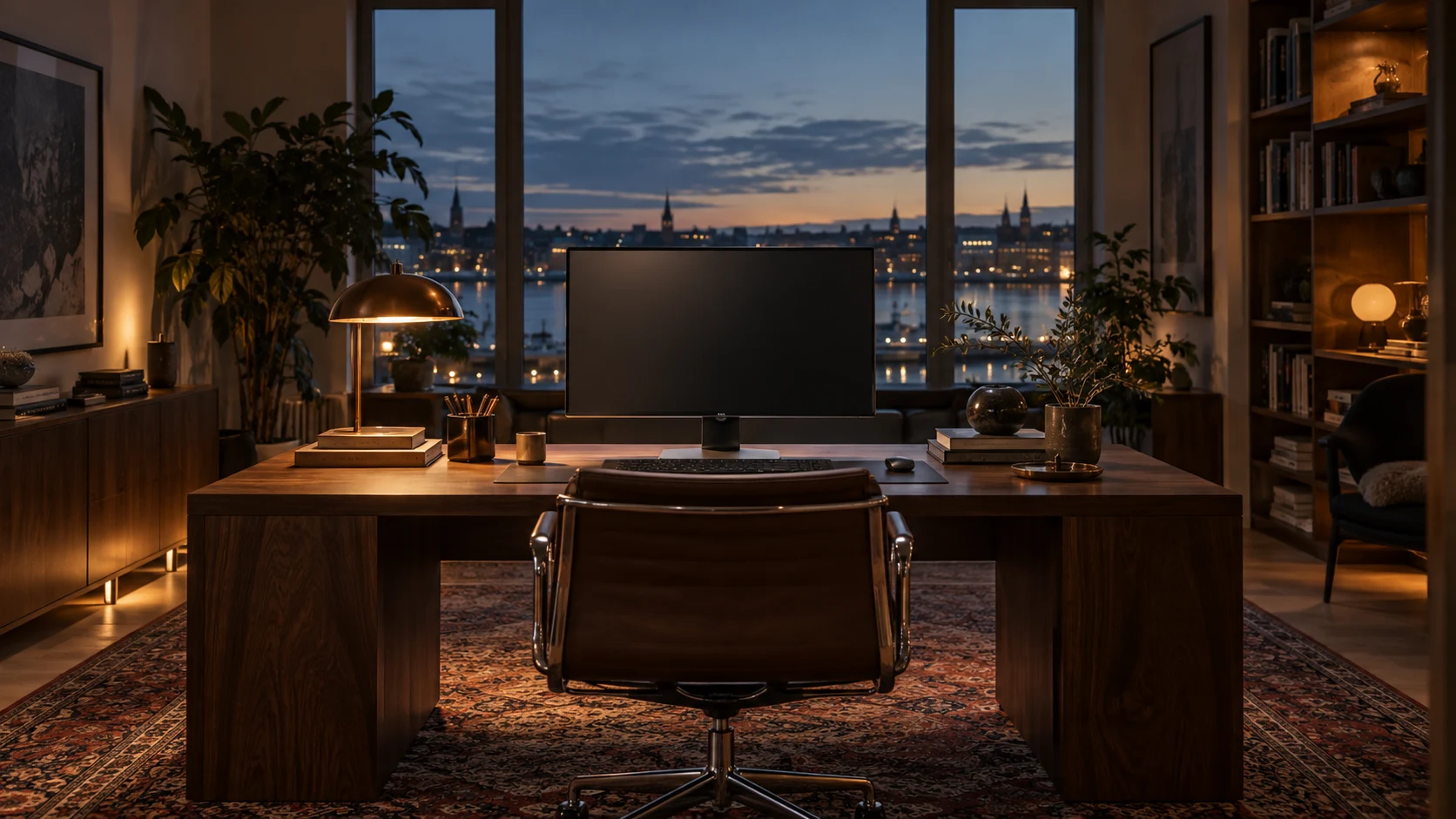 Filmatisk visualisering av et kreativt studio med skrivebord og PC