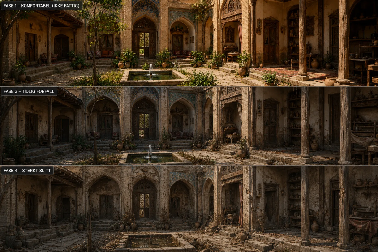 Same house, three phases of decay