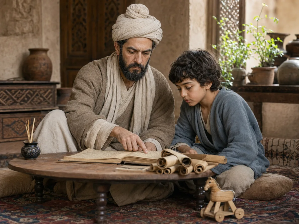 Ferdowsi teaching young Mehrak to read