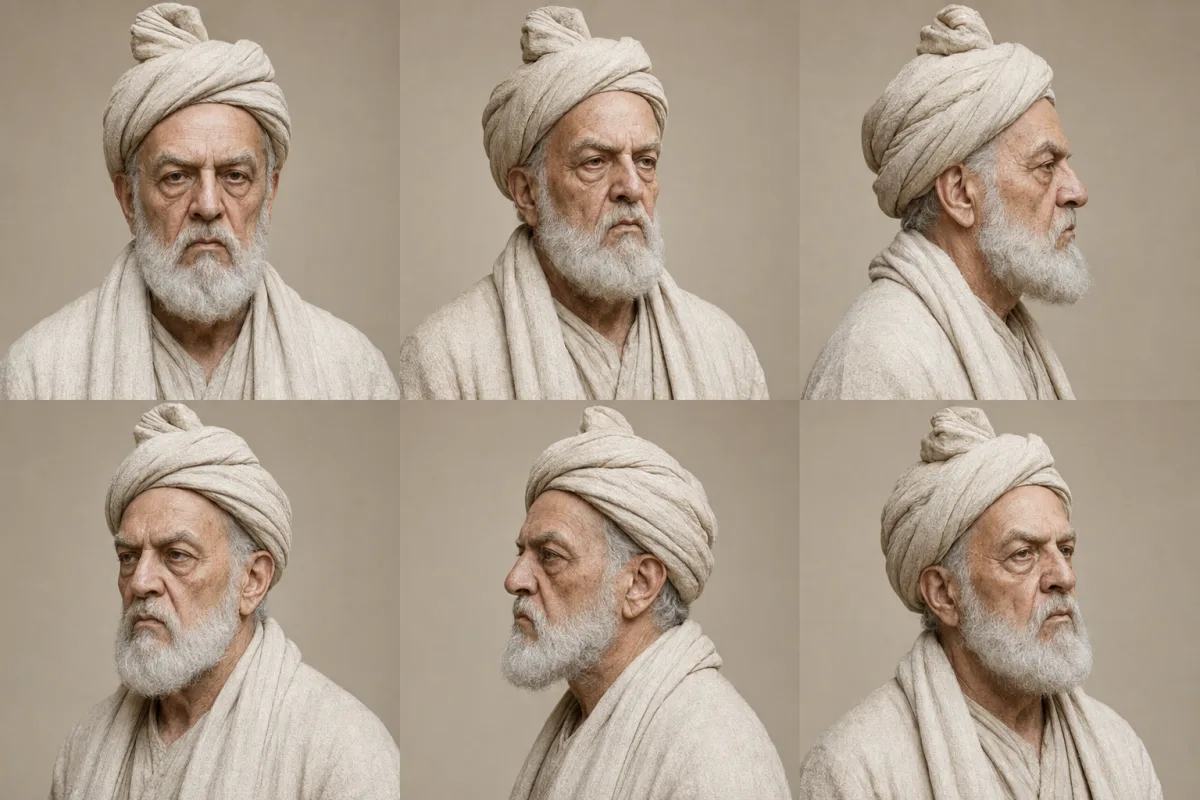 Six angles of the Ferdowsi character, generated for production