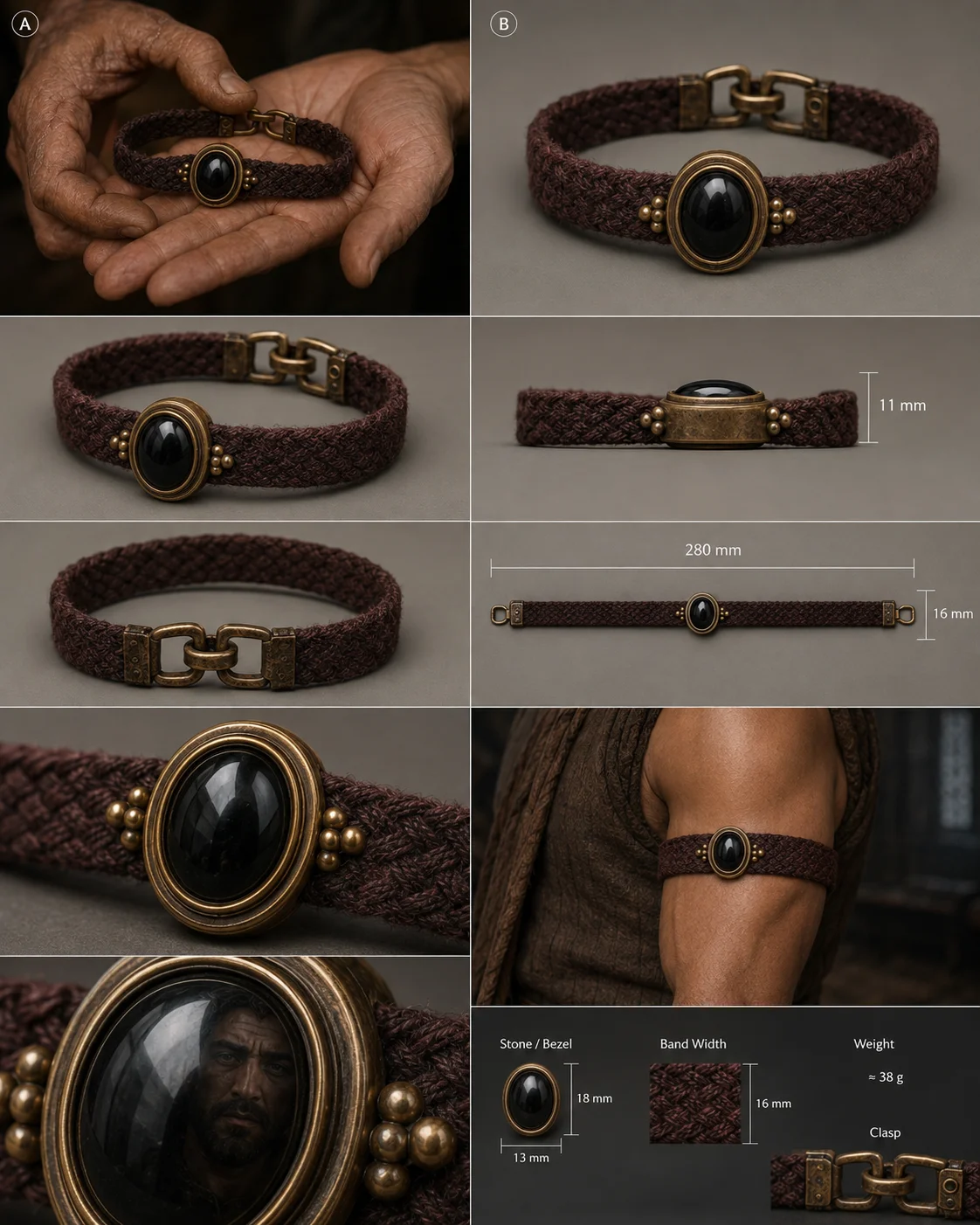 The armband, full studio turnaround with dimensions