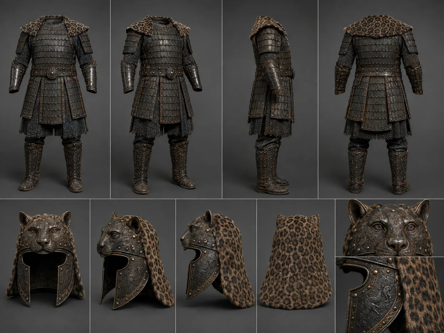 Rostam's lamellar armor and leopard-fur helmet, full turnaround