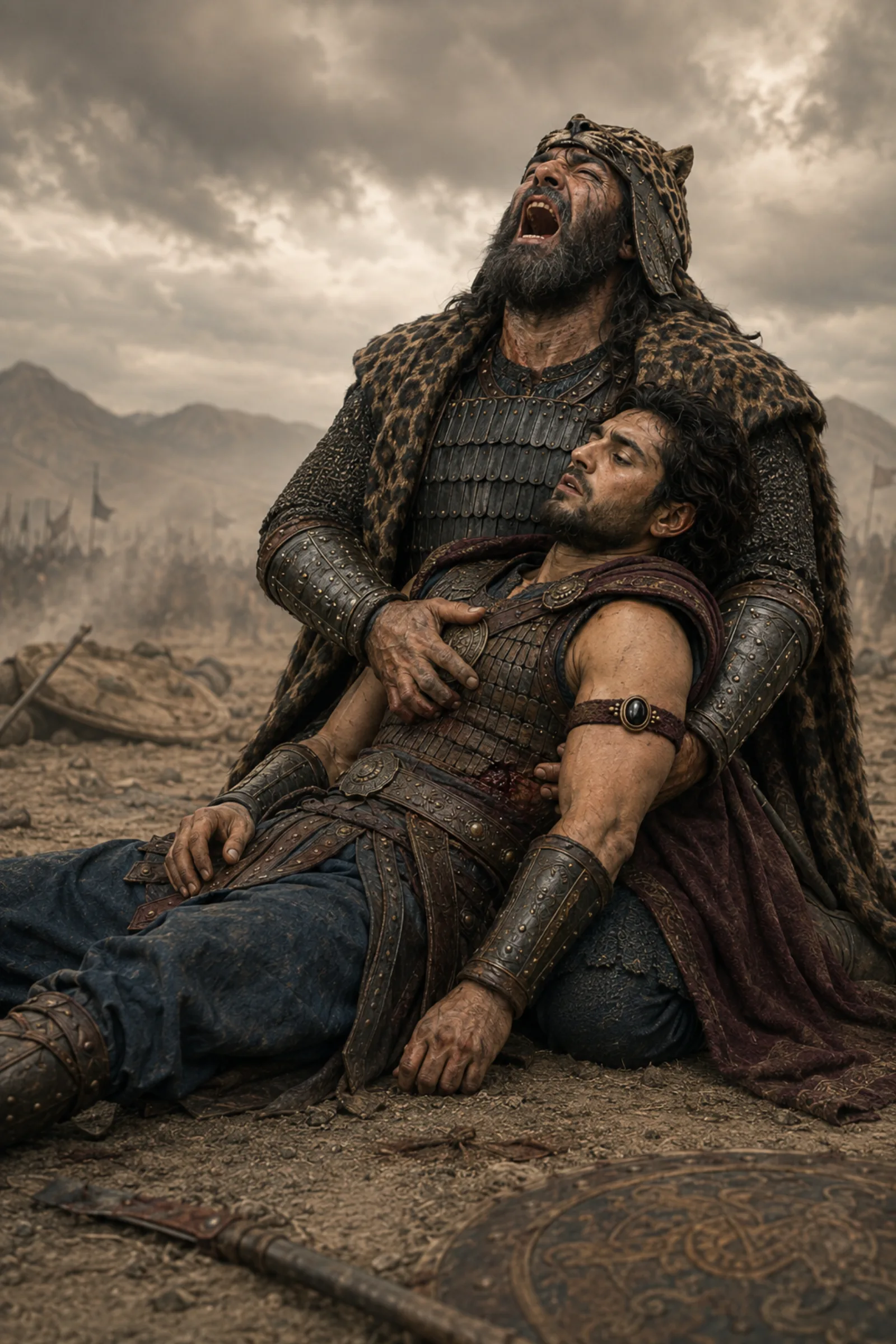 Rostam screams in grief, holding the dying Sohrab