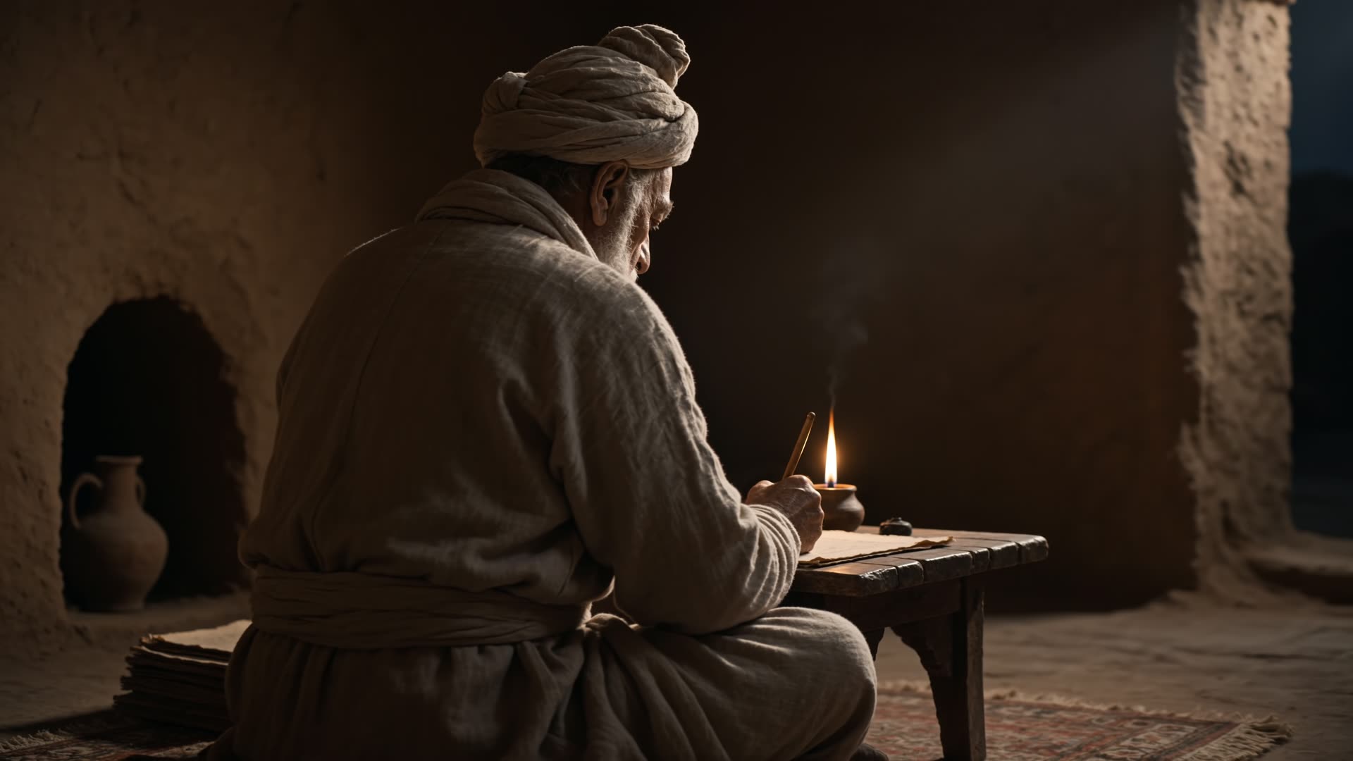 Ferdowsi ved skrivebordet — fra Shahnameh-filmprosjektet